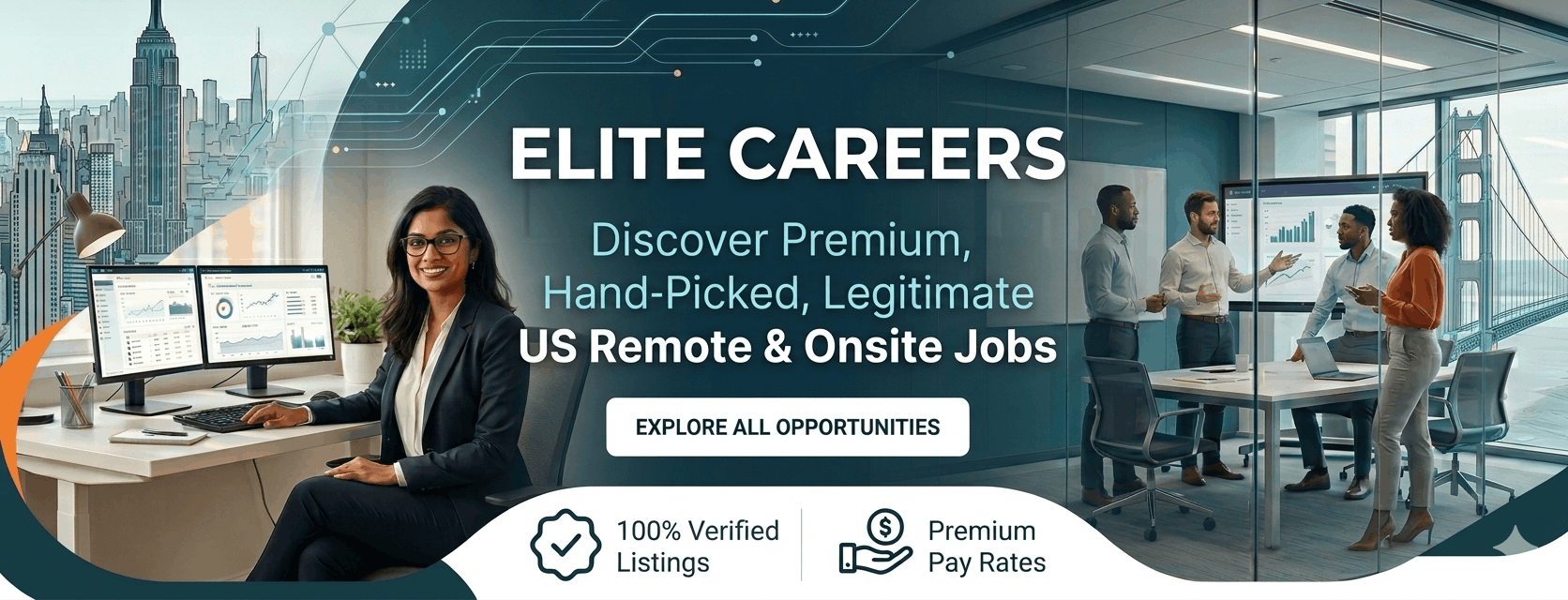 Elite Careers website homepage banner showing US remote and onsite job professionals
