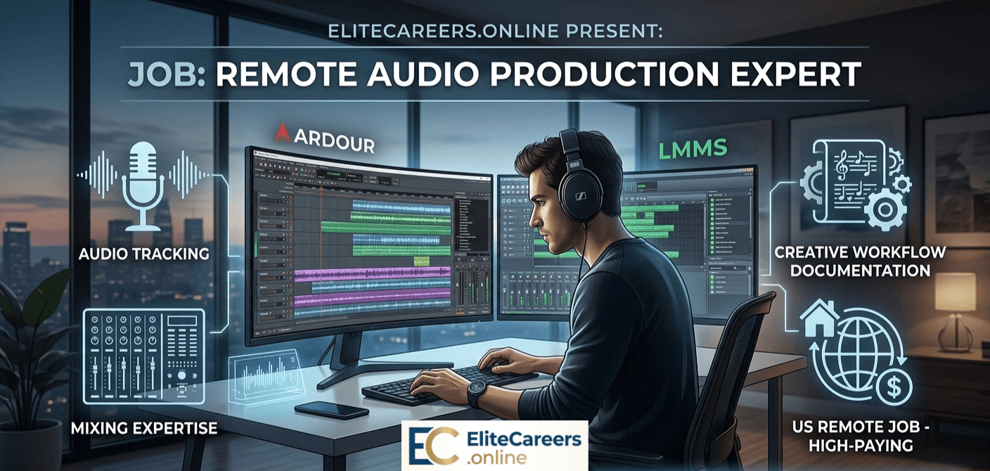 Professional remote audio production expert working on mixing and editing music using Ardour and LMMS software from a home studio for EliteCareers.online.