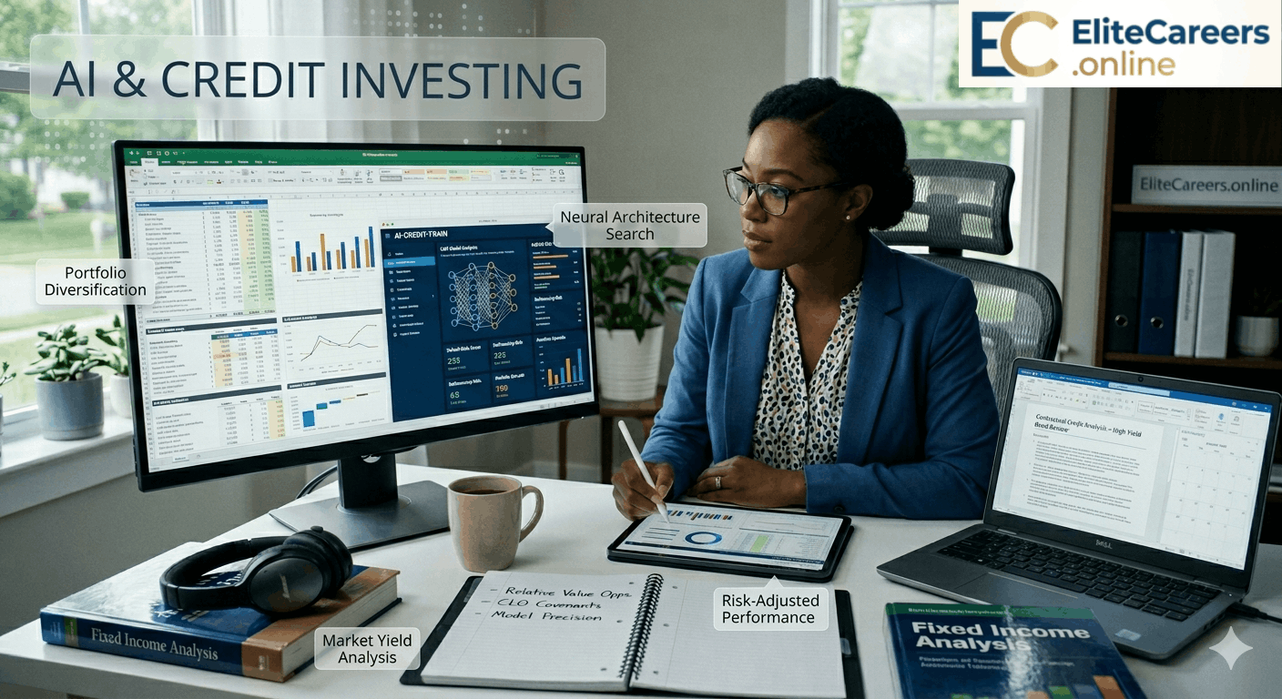 A professional woman working from home as a Remote Credit Investment Analyst, analyzing data dashboards for AI credit training and financial modeling.