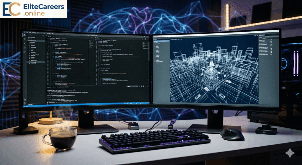 Remote Python Game Developer Panda3D workspace displaying 3D simulation code.