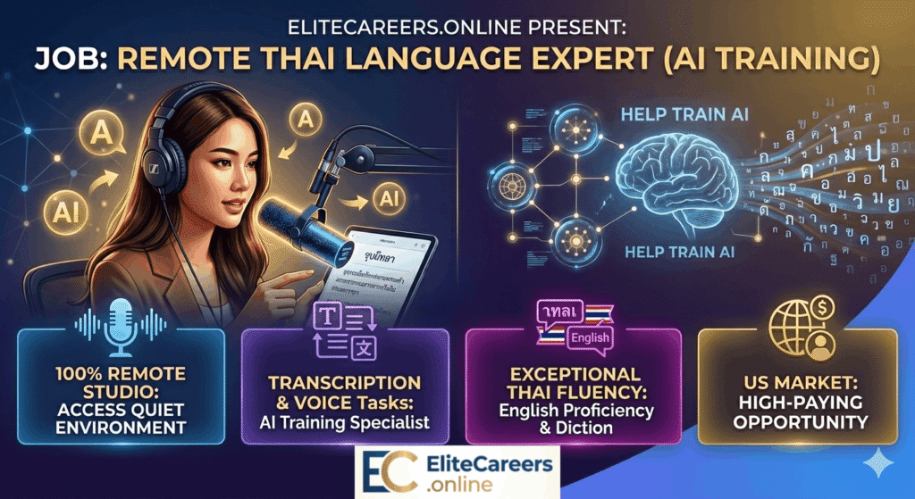 Professional remote Thai language expert with headphones doing audio transcription and AI training from home studio, Remote Thai Language Expert (AI Training Specialist)