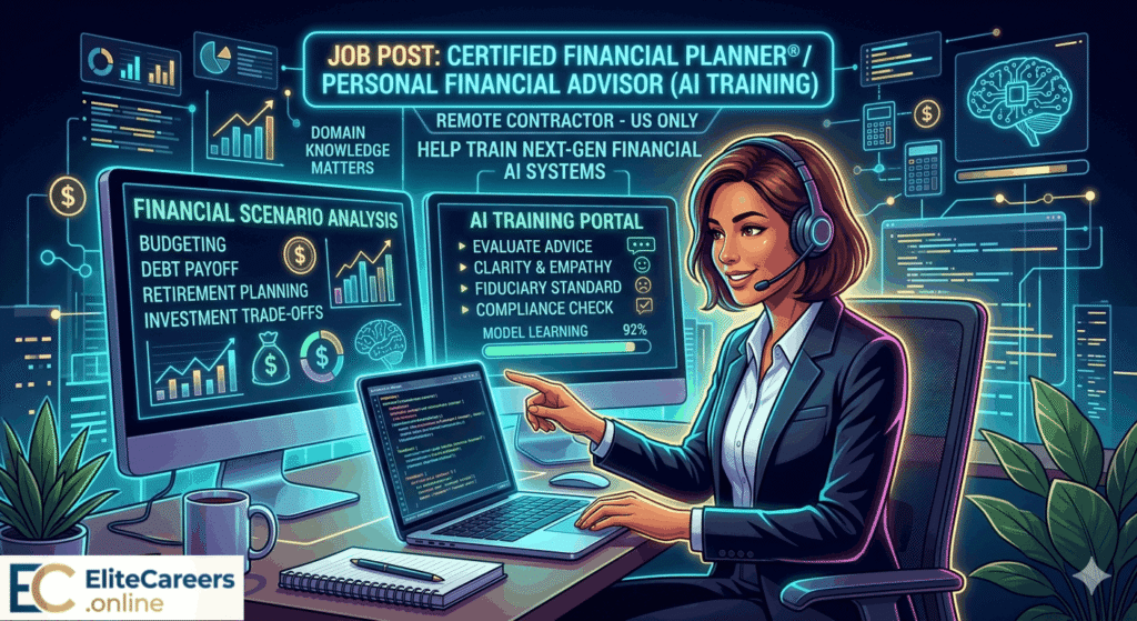 Remote CFP jobs and AI financial advisor roles infographic banner for EliteCareers. Certified Financial Planner® Personal Financial Advisor – Remote