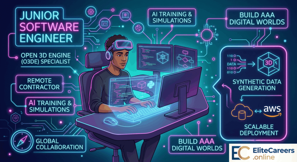 Junior Software Engineer-Open 3D Engine, Remote Junior Software Engineer using Open 3D Engine to build AI training simulations on a futuristic workspace screen setup.