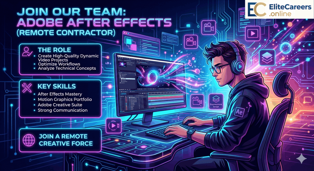 Remote Adobe After Effects Contractor working on a stylized motion graphics workflow layout.