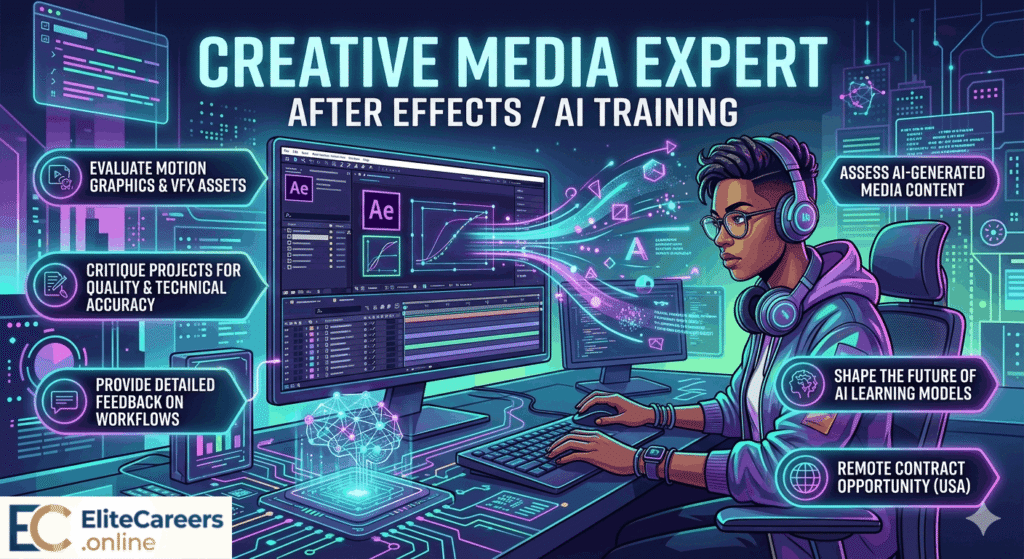 Remote After Effects jobs and AI training creative media expert career opportunity banner. Creative Media Expert – After Effects