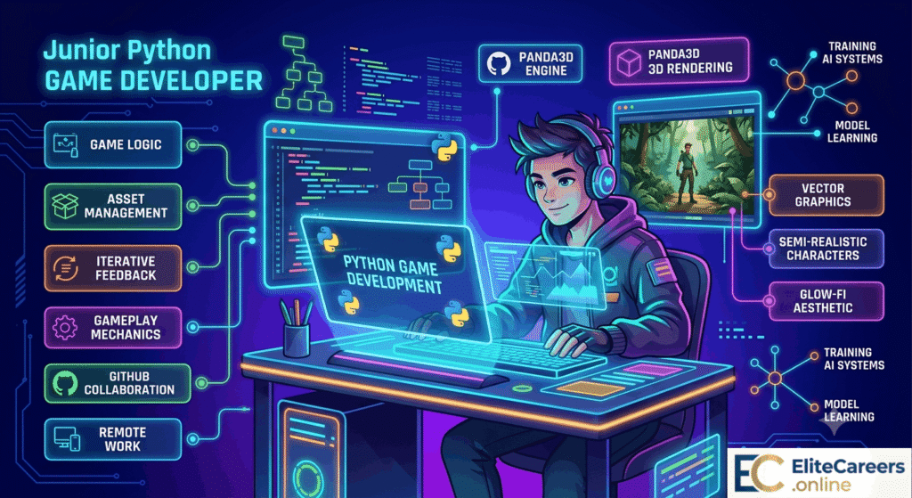 Remote Junior Python Game Developer job opening with Panda3D engine requirements for EliteCareers.