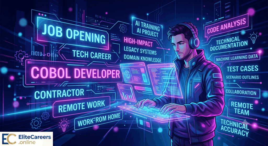 Remote COBOL Developer analyzing software code on laptop for AI training project