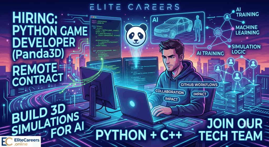 Python Game Developer Panda3D remote contract job posting by EliteCareers featuring a dark mode IDE with Python and C++ code for a 3D simulation.