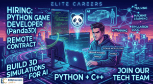 Python Game Developer Panda3D remote contract job posting by EliteCareers featuring a dark mode IDE with Python and C++ code for a 3D simulation.