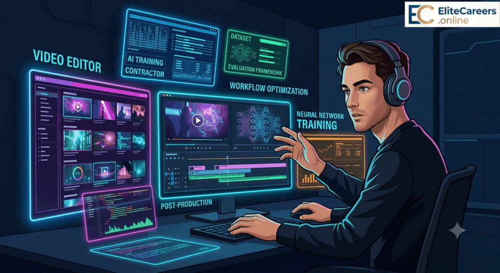 Remote video editor AI training workspace featuring dual monitors with glowing editing software timeline and machine learning network graphics.
